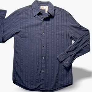 Stamp 10 Button Down Shirt Long Sleeve Navy Blue Dobby Stripe Diamond  Men Small